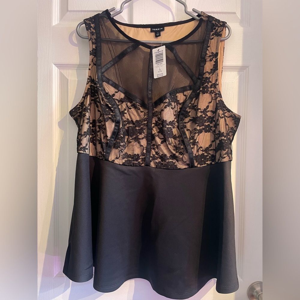 Torrid Black Sleeveless Peplum Blouse Sheer Lace Bodice Cami Top NWT